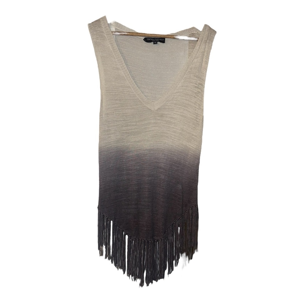Central Park West Linen Gray Charcoal Navy Ombré Dip Dye Fringe Tank Top Small